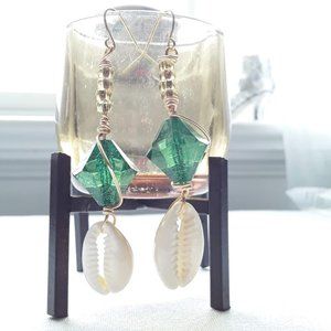 Green Goddess Cowrie Shell Earrings Handmade